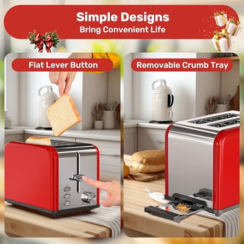 YSSOA-Stainless-Steel-Toaster-2-Slice-with-Extra-Wide-Slot-Removable-Crumb-Tray-6-Shade-Settings-and-BagelDefrostCancel-Functions-Compact-Oven-for-Various-Bread-Waffle-Red-New
