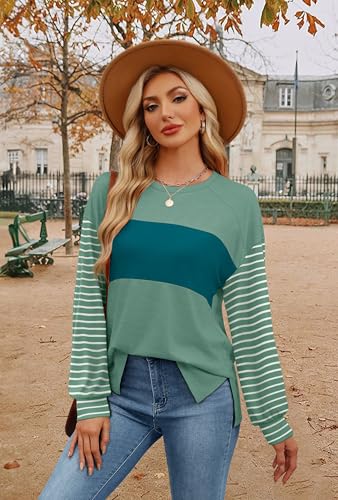 Ofeefan Womens Fall Fashion 2024 Casual Colorblock Shirts Long Sleeve Tshirts Trendy Crewneck Blouses Mint Green M thumb #3