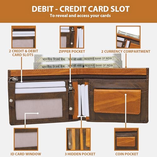 Image of SAMTROH Double Zipper Pu Leather Wallet for Men | 3 Card Slots | 2 Secret Compartments | 2 Currency Compartments | 1 Coin & Zip Pocket (Brown in Tan)