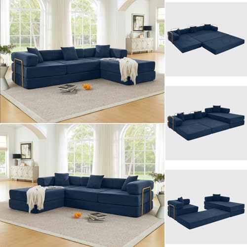 Image of HANXIN 108 Inch Convertible Sleeper Sofa Bed, Folding Floor Mattress Couch with Fixed-Shape Frame, Futon Boneless Couch Lounge Loveseat with Pull Out Bed, No Assembly Required (Blue)