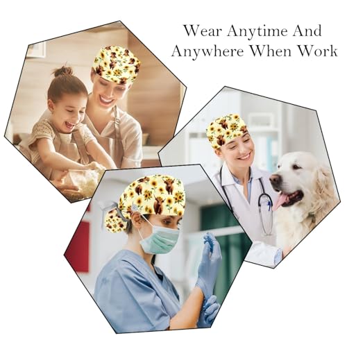 Image of 2 PCS Bouffant Cap with Button Ponytail Pouch Working Cap Sweatband Adjustable Surgical Cap Black and White Cow