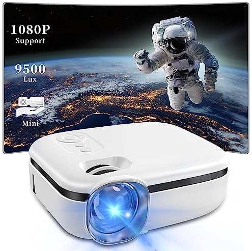 FunFlix Mini Outdoor Projector with a projected image of an astronaut and Earth