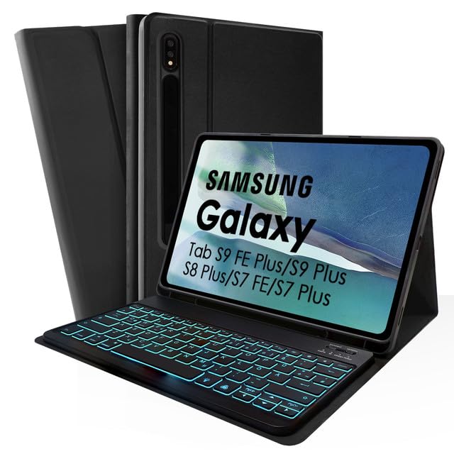 SOPPY Hülle mit Tastatur für 12,4'' Samsung Galaxy Tab S10+/S9 FE+/S9 Plus/S8+/S7+/S7 FE, Kabellose 7-Farbige Beleuchtung Tastaturhülle Schutzhülle Bluetooth Tastatur Hülle-Deutsches QWERTZ, Schwarz