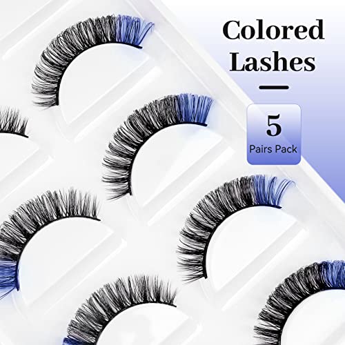 Suhome Colored Lashes Fluffy Russian Strip Lashes With Color Wispy D Curl Colored Eyelashes 5 Pairs Pack (Blue) #TOP6