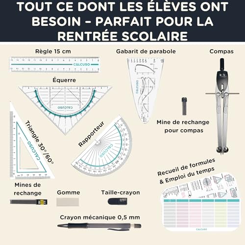 CALCUSO Set de géométrie PRO en trousse noire avec compas, règle, rapporteur et équerre – Pour école, college, bureau et université – vue 2