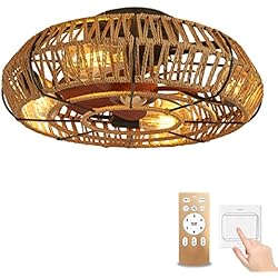 Ventilador Rustico YOLEDY Ventilador Techo con Luz y Mando a Distancia Vintage, Rústico Lámpara Ventilador Techo Enchufe E27, Silencioso Motor DC, Función Verano Invierno, Cordón de Cáñamo Tejido a Mano Estilo Bohemio