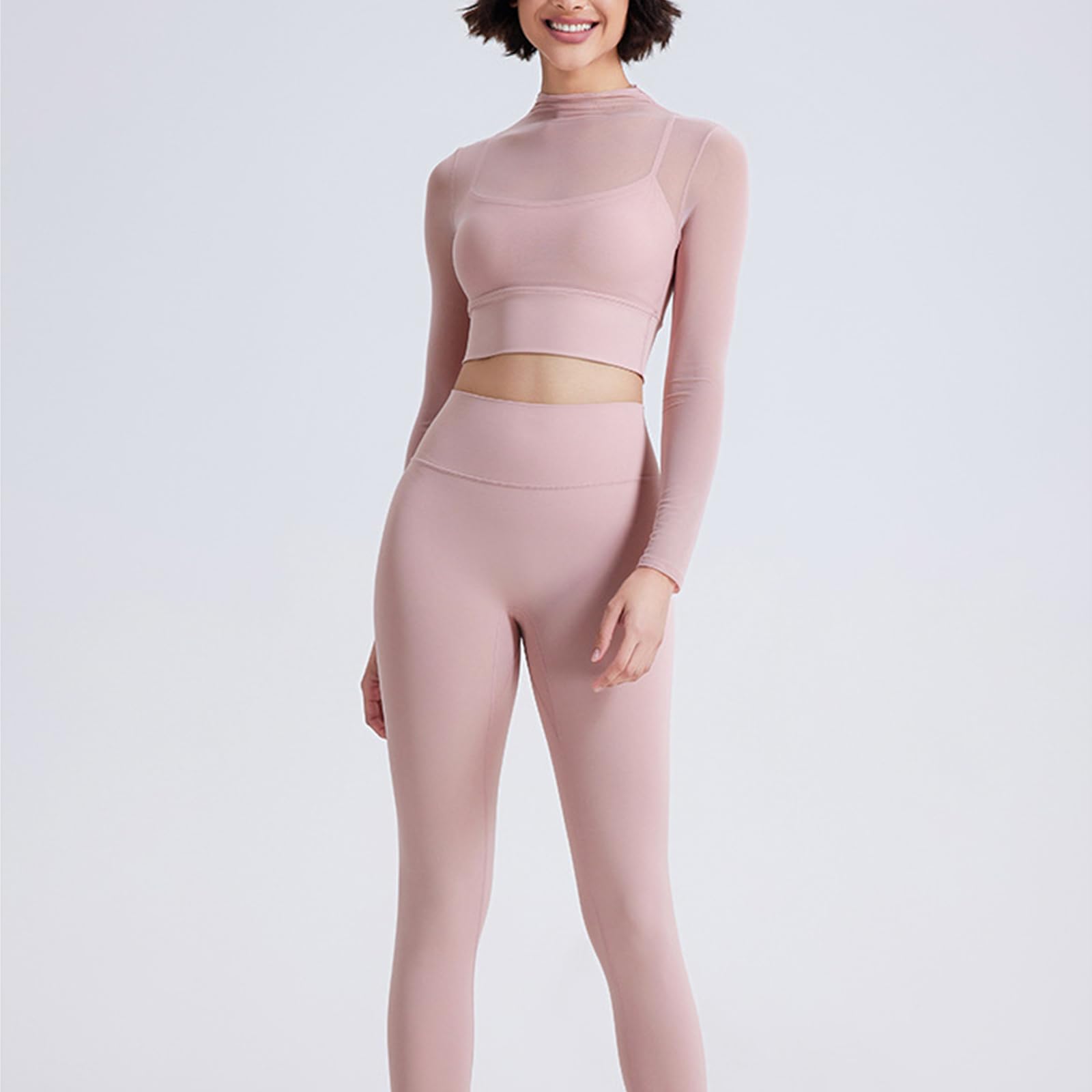 Top corto da donna a maniche lunghe, trasparente, doppia fodera, aderente, casual, per allenamento, palestra, yoga, camicetta