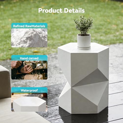 Image of COSIEST MgO Concrete Side Table, 18 Inch Hexagonal Geometric Outdoor End Accent Table, All-Weather Patio Garden Stool, Modern Plant Stand & Coffee Table for Balcony Backyard, White, 1 Pack
