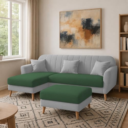 Image of Atticus LHS 4 Seater L Shape Sofa Set with Ottoman for Living Room (Green Grey Fabric) Premium Fabric Sofa Set