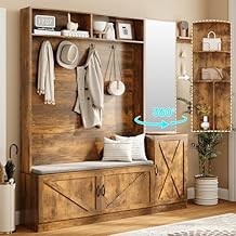 Fameill 79" Hall Tree with Bench and Shoe Storage, Tall Coat Rack with Mirror and Hidden Storage Shelves, Entryway Shoe Organizer with Cushion for Mudroom, 6 Shoe Cubbies & 4 Double Coat Hooks, Brown