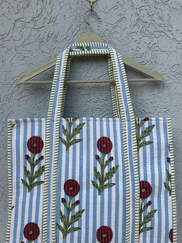 Image of Quilted Cotton Hand printed Reversible Large multicolor cotton Tote Bag,Indian Handmade Block Printed Tote Bag Women Handbag