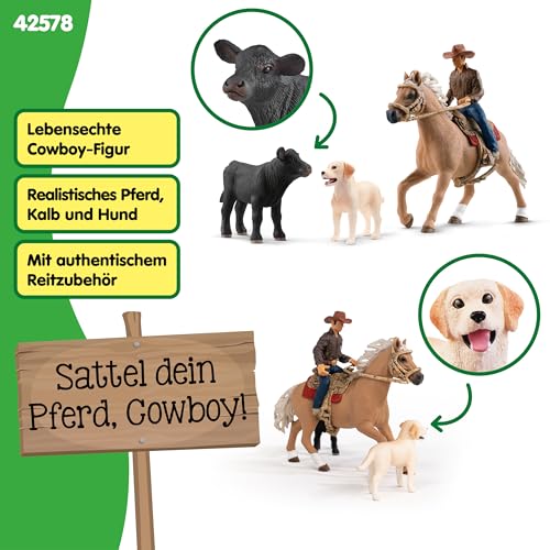 SCHLEICH Farm World | Westernreiten 42578 | Bauernhof Set mit Cowboy, Pferd, Kuh und Hund sowie Zaumzeug & Sattel | Western Rodeo Zubehör | Bauernhof Spielzeug ab 3 Jahre Set aus 6 Teilen