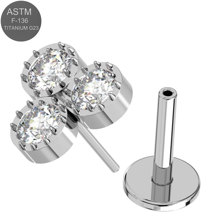 G23 Grade Titanium Triple Spikey Circle with Cz Stone Design Top Push Fit Lip Labret - Tragus Bar Piercing - Labret Stud Helix - Tragus Piercing Jewelry