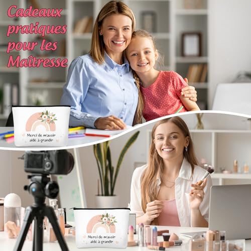 Xuniea 4 Pièces Cadeau de Remerciement pour Maîtresse Professeur Compris Trousse de Maquillage Porte-Clés Carte Arc-en-Ciel avec Enveloppe pour Fin d'Année École Maternelle Anniversaire Baby-Sitter