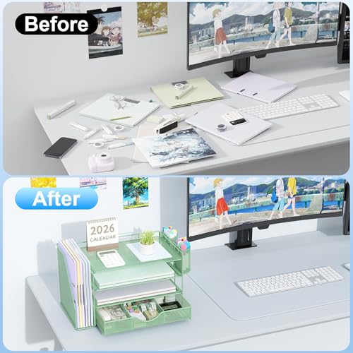 Image of gianotter 4-Tier Desk Organizer with Drawers, File Holders, Letter Trays and Pen Holders - Workspace Accessories for Office Supplies (Sage Green)
