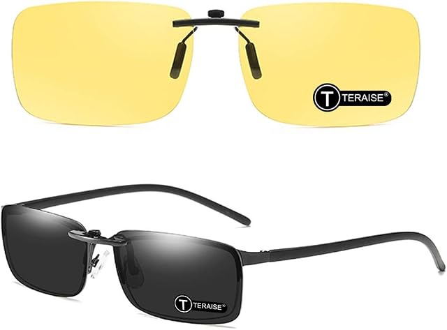 TERAISE Clip-on Sunglasses Polarized Lens For Prescription Glasses Night Vision Sunglasses for Outdoor Walking Driving Fishing Cycling HD Anti-Glare UV400 for Men and Women Set of 2 Driving Glasses