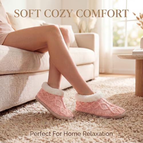 Image of cosyone1997 Cable Knit Slipper Socks for Women Non Slip Soft Sole | Fuzzy sherpa lining, gripper dots, flexible bootie coverage and machine washable care for warm, comfortable indoor wear