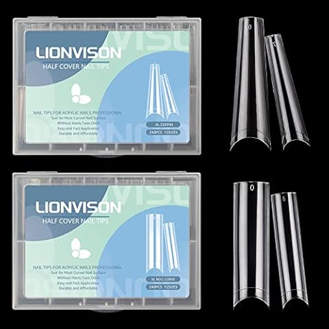 480PCS XL Long Clear Nail Tips, 240PCS Coffin Nails Tips with 240PCS NO C Curve Square Nail Tips for Acrylic Nails Professional, Half Cover Straight Ballerina Nail Extension Tips for Nail Salons Home Cover