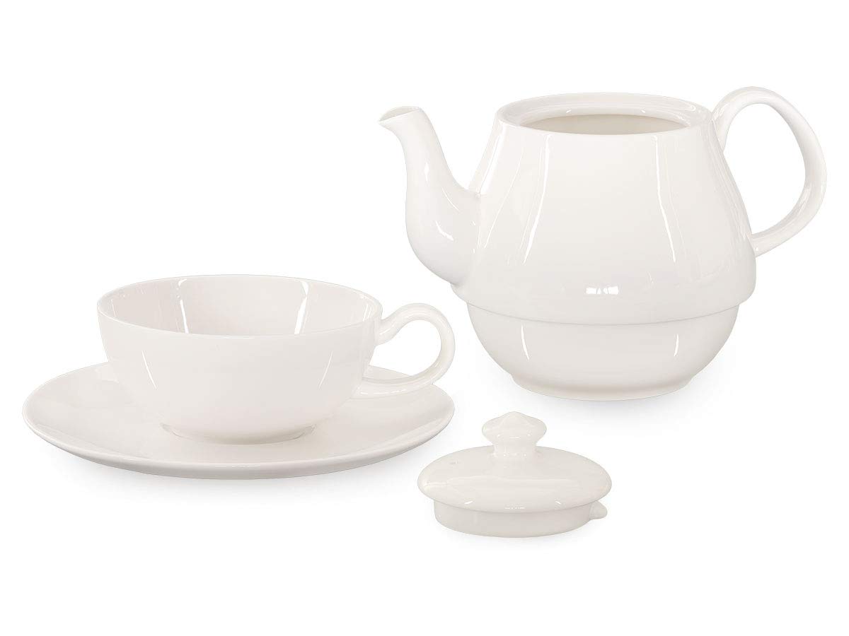 Tea for One Daisy 600ml aus Crystal Bone China Porzellan in fein-cremigem Weiß. Teekanne + Teetasse + Untersetzer
