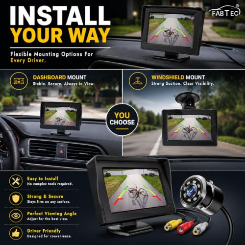 Image of FABTEC 4.3 Inch TFT LCD Car Rear View Monitor Screen with 8 LED Night Vision Reverse Parking Camera | Universal Dashboard Display Monitor with Backup Camera