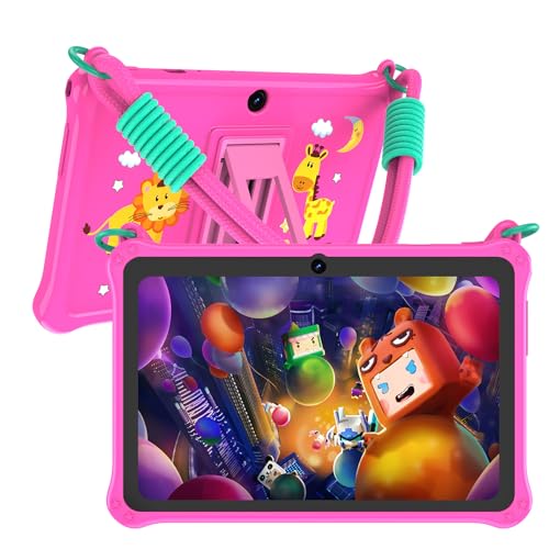 PRITOM Lanyard Kids Tablet de 7 polegadas, tablet infantil de 32 GB Android 13 com WiFi, câmera dupla, educação, jogos, software infantil pré-instalado, controle parental, rosa
