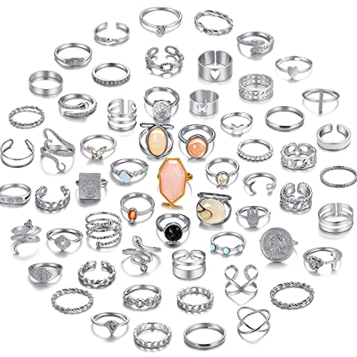 17KM 60 Pcs Silver Stacks Ring Sets for Women Non Tarnish, Dainty Vintage Stackable Rings Pack, Finger Midi Knuckle Rings for Jewelry Gift