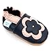 Dotty Fish Scarpine in Pelle Prima Infanzia. Scarpe Bimbi per Primi Passi con Suola Scamosciata. Fiore Blu Navy e Rosa. 18-24 Mesi (23 EU)