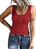 Picture of KINLONSAIR Women's Sleeveless Henley Tank Tops Ribbed V Neck Button Down T Shirts Summer Slim Fit Tee Tops Dark Red
