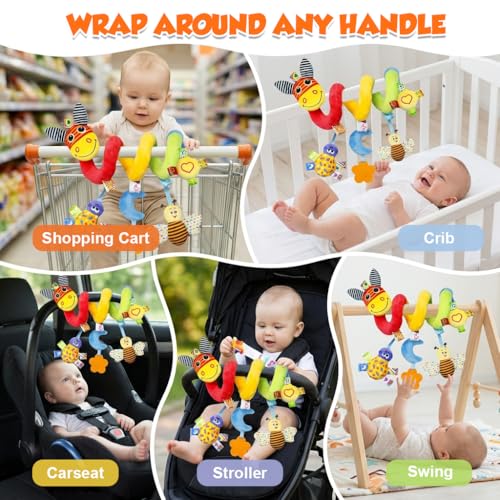 Image of SNOWIE SOFT Baby Spiral Activity Toy for Stroller & Crib, Plush Hanging Toys with Silicone Sensory Toy, Crinkle & Squeaky Cartoon Soft Interactive Car Seat Spiral Wrap Travel Toys