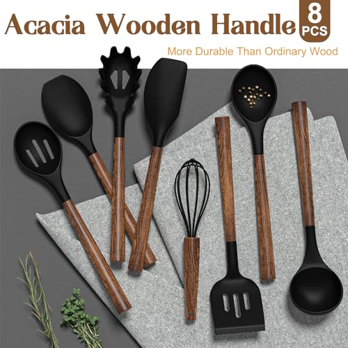 Silicone Cooking Utensil Set, Umite Chef 8-Piece Kitchen Utensils Set with Natural Acacia Wooden Handles,Food-Grade-Silicone Kitchen Gadgets Spatulas Set for Nonstick Cookware- Black by Umite Chef - Image 2