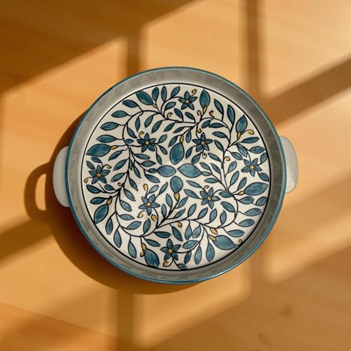 Image of Ceramic Serving Platter with Handles | (Turquiose) Floral Leaf Hand-Painted Stoneware Tray for Snacks, Appetizers, Salads & Noodles | Microwave & Dishwasher Safe