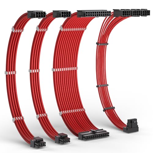 Redragon GCP07 Power Extension Cable Kit - 1x24 Pin, 1x90 Degree 16 Pin, 2x8Pin Sleeved Cable for ATX Power Supply, 30CM Length with Cable Combs, Red