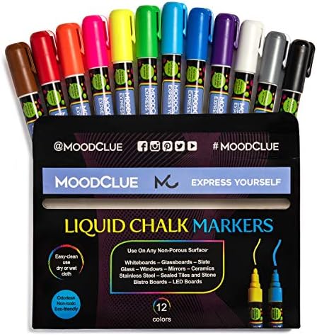 MoodClue 12 neon liquid chalk markers Windows, mirrors, car windshields, auto, glass, whiteboards, chalkboards, bistro boards. Erasable, washable. Wet or dry erase. Reversible thick and thin tip.