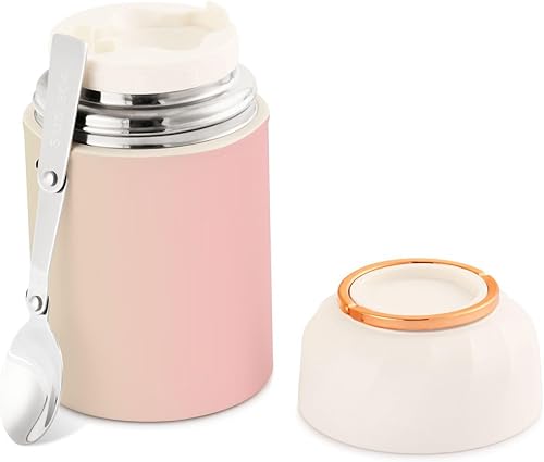 Tarro de comida degradado verde y rosa con cuchara de acero inoxidable aislado al vacío contenedor de alimentos de 17 oz frasco de alimentos para
