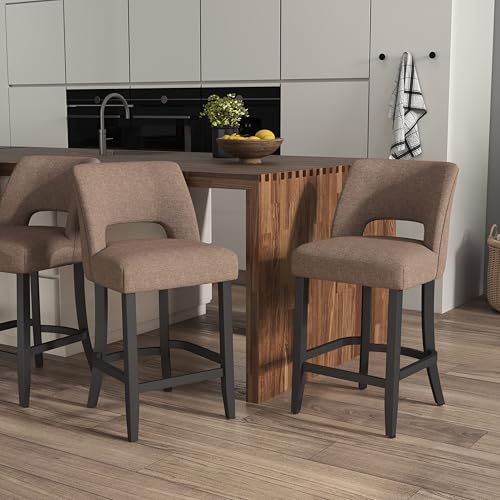 Image of VKNOW Bar Stools Set of 2, 26 inch Upholstered Counter Height Bar Stools, Modern Counter Stools with Black Legs for Kitchen Island Dining Room Bar, Brown-Black Legs