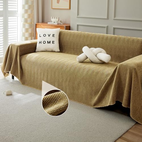 DREAMINGO Chenille Couch Cover Sectional Sofa Covers for 3 Cushion Couch Geometric Furniture Protector Couch Cover for Dogs Pet Sofa Slipcover Herringbone Brown Khaki Couch Cover Blanket, 91