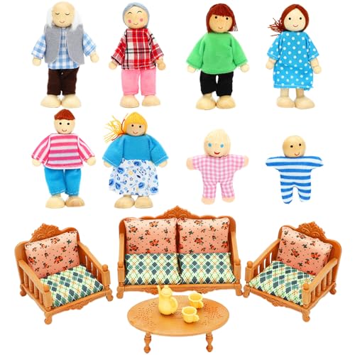 ONEST 15 Pieces Wooden Dollhouse Family Set Mini People Figures Sets Dollhouse Dolls Wooden Doll Family Pretend Play Figures Accessories for Pretend Doll House