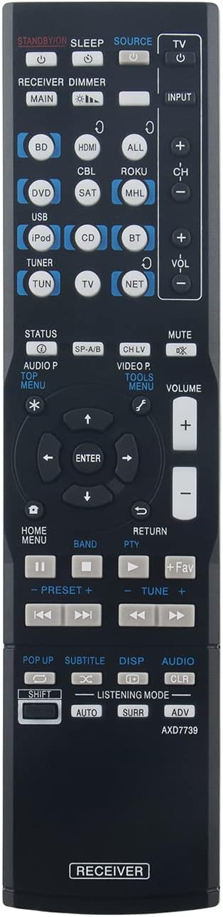 Front view of the AIDITIYMI AXD7739 replacement remote control, showing all buttons and their labels.