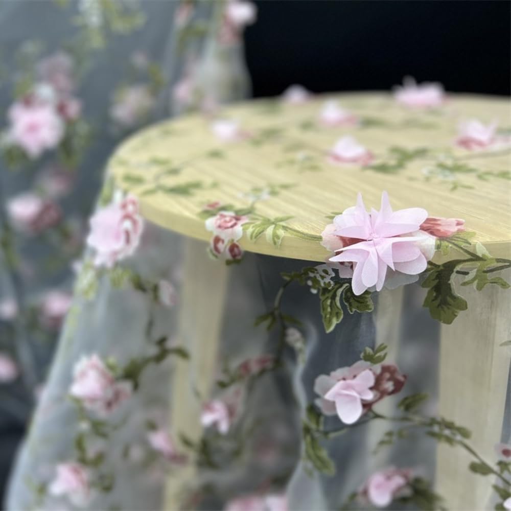 4 jardy x 130 cm, organza z haftem 3D, materiał organzy z nadrukowanymi gałązkami drzew i kwiatami, materiał dekoracyjny do majsterkowania, rzemiosła, na wesele, imprezę, do ubrań, kolor