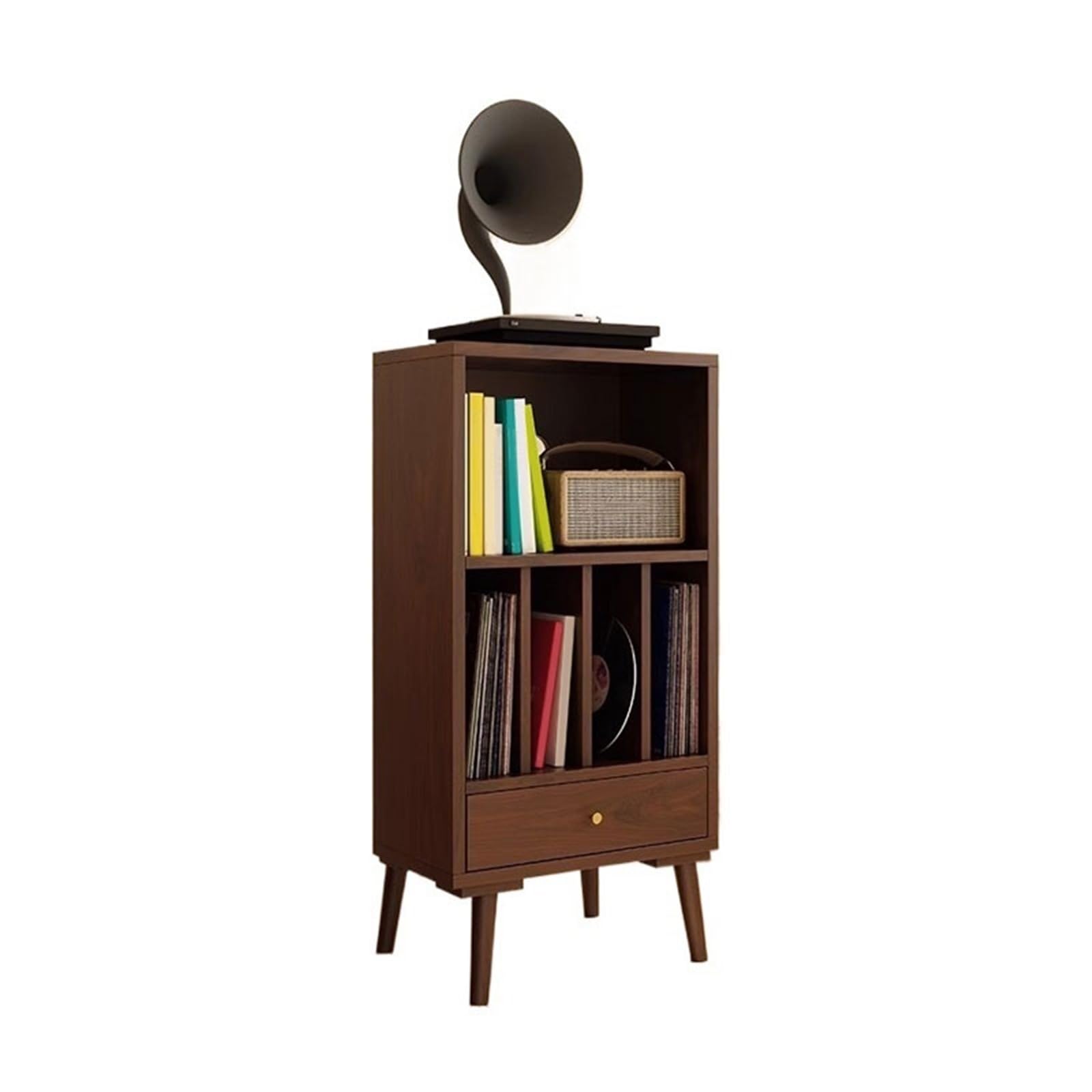 Huangj-0527 CD storage Wooden Vinyl Record Low Cabinet with Drawers Storage Unit Display Holder Record(Walnut colour)