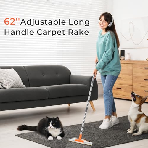 Image of Ajimy Carpet Rake for Pet Hair Removal 62'' Adjustable Long Handle Dog /Cat Hair Carpet Rake,Carpet Scraper for Rug Stairs Couch Furniture