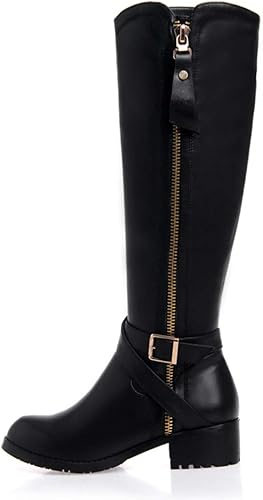 Miniatura 2 de TinaCus Botas altas de cuero genuino hechas a mano con punta redonda y cremallera lateral para mujer, tacón bajo y grueso, con hebilla elegante