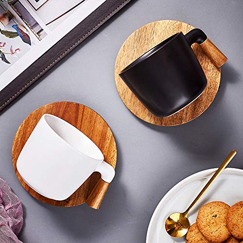 Coffee Mug Tea Cup Ceramic with Wood Saucers 10.5 Oz Matte Latte Mug Cups Birthday Gift Ideas Novelty Gift for Men Women Festival Engagement Perfect for home or the office (White) - Thumbnail 5