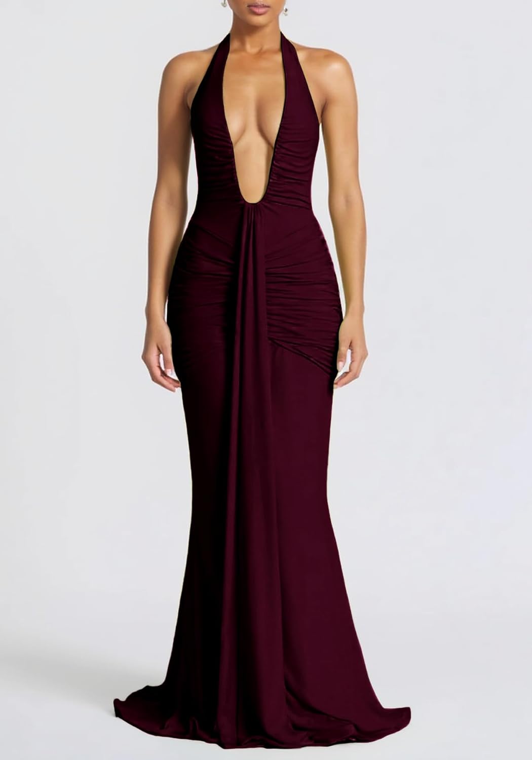 SHINFY Women Summer Halter Maxi Dress Ruched Bodycon V Neck Formal Cocktail Party Evening Dress - Image 2