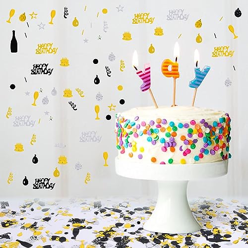Image of OSDUE Black Gold Silver Happy Birthday Confetti, 3000 Pieces Birthday Cake Confetti, Metallic Foil Balloon Table Scatter Confetti Decoration for Birthday Party, Anniversary, Baby Shower