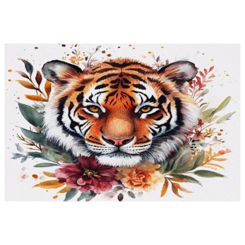 Set de table tigre aquarelle avec fleurs finition premium rectangulaire