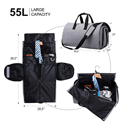 Convertible Garment Bag Carry on Travel Suit Bag with Shoulder Strap, Shoes Compartment - 2 in 1 Waterproof Gym Sport Duffle Bag for Men Women