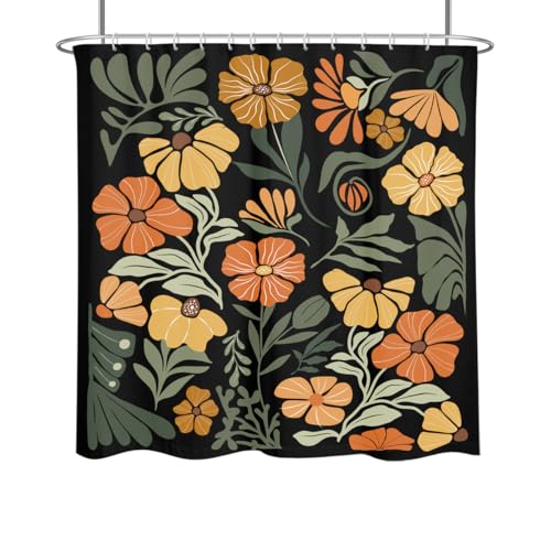 RTFEVG Black Floral Shower Curtain 72x72 inch, Orange and Green, 12 Hooks