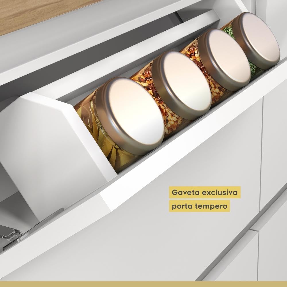 Specialized spice drawer with jars, demonstrating its unique design for spice storage in the Nesher Rainha 100 MDF kitchen set.