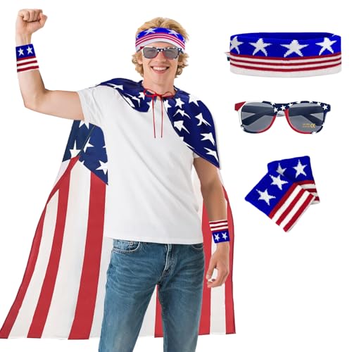 VERONLY 250th Anniversary American Flag Costume Complete 4-Piece Set with Cape, Star Headband, Sunglasses, Wristbands for Super Bowl, July 4th Party, Patriotic Celebration